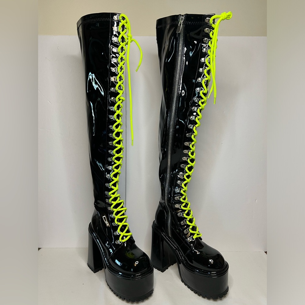 Dolls Kill Black and Neon Green Laces Zip Up Over the Knee Platform Heeled Boots
